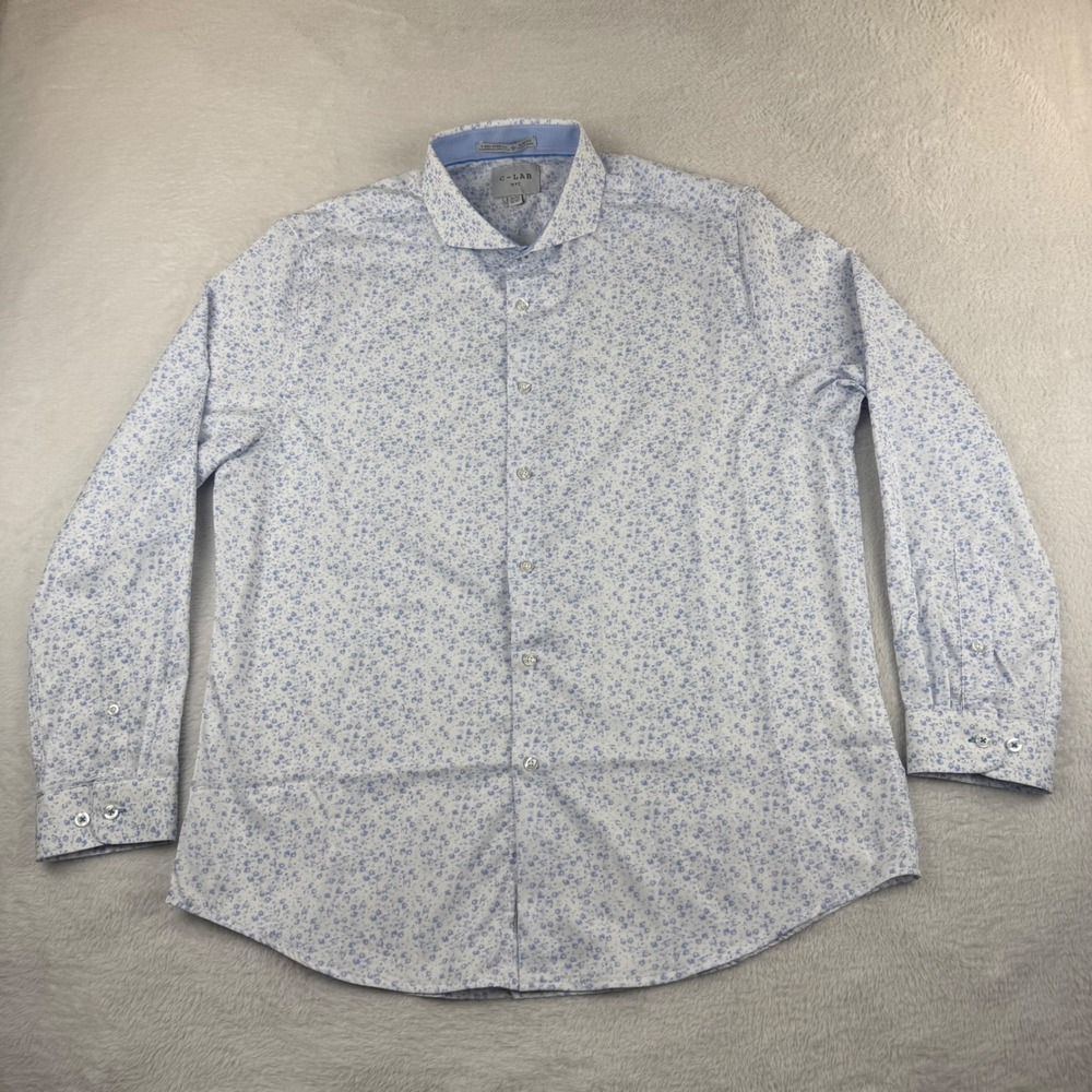 C-LAB NYC Button Down Shirt Mens XL Blue Floral Slim Fit 4 Way Stretch Long Slv